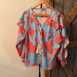 Floral blue and orange long sleeve blouse-Size XL